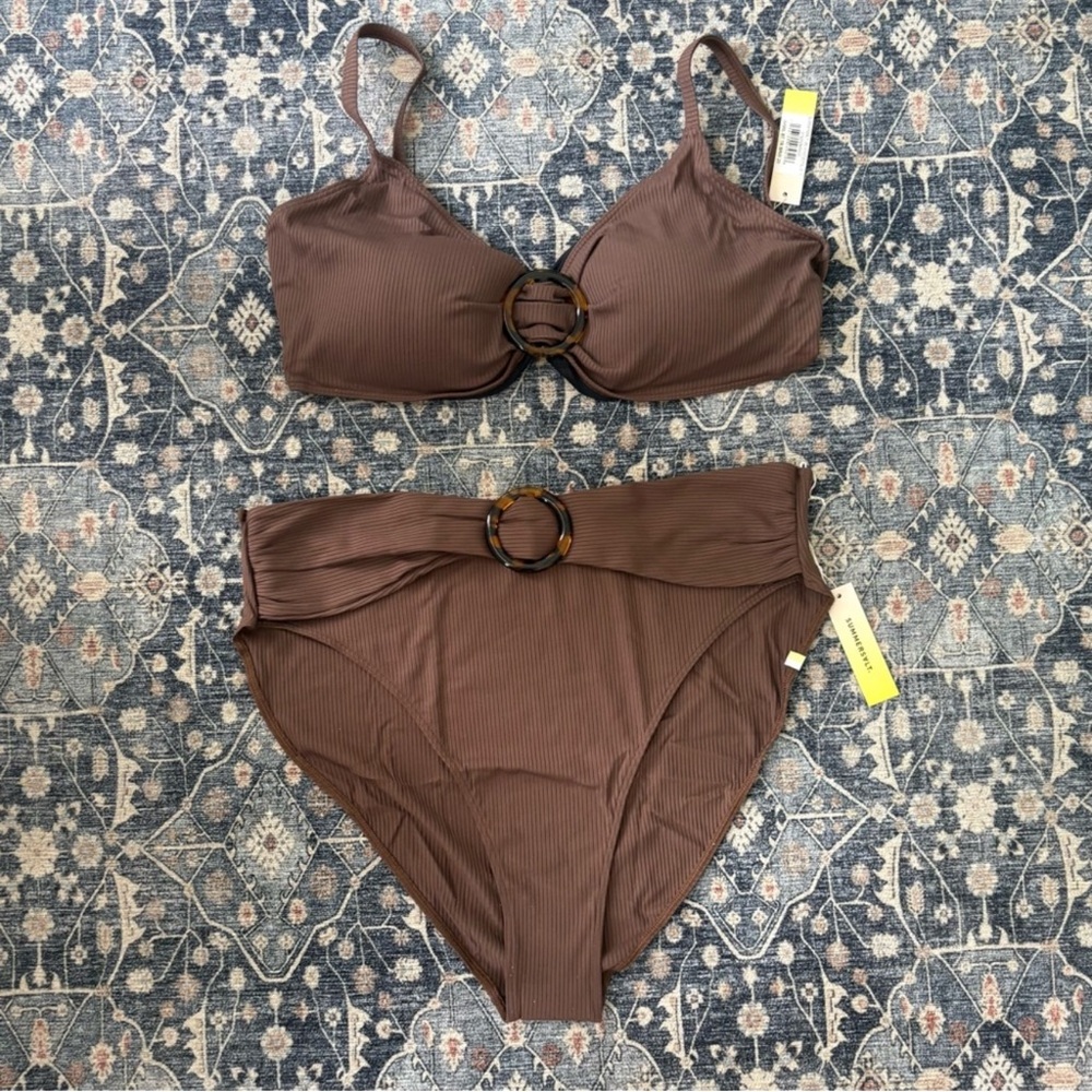 Summersalt  Brown Ribbed Ring-Accent High-Waist Bikini - NWT!